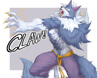 5_fingers 5_toes abs action_pose amber_eyes anthro barefoot belt biped blue_body blue_fur bodily_fluids border bottomwear brown_background claws clothed clothed_anthro clothed_male clothing eyebrows feet finger_claws fingers fluffy fluffy_tail front_view fur gums male multicolored_body multicolored_fur muscular muscular_anthro muscular_male navel obliques pants pecs pointy_ears pose pupils purple_bottomwear purple_clothing purple_inner_ear purple_pants red_tongue saliva simple_background slit_pupils snout solo tail teeth text thick_eyebrows toe_claws toes tongue tongue_showing two_tone_body two_tone_fur white_border white_sclera yellow_belt yellow_claws captainjohkid capcom darkstalkers jon_talbain canid mammal 2024 5:4 digital_drawing_(artwork) digital_media_(artwork) english_text hi_res portrait three-quarter_portrait