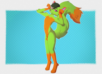 4_fingers 4_toes animal_genitalia ankle_tuft anthro arm_tuft ball_tuft balls black_hair blue_background border cheek_tuft claws elbow_tuft facial_tuft feet femboy feminine_pose finger_claws fingers fully_sheathed fur genitals gloves_(marking) green_body green_fur grey_claws grey_nose hair leg_markings leg_tuft looking_at_viewer male markings multicolored_body navel nude orange_body orange_fur pawpads penis penis_tip pink_penis raised_arms raised_tail red_pawpads sheath shoulder_tuft simple_background smile socks_(marking) solo tail tail_tuft teeth toe_claws toes tuft white_border novav33 fern_the_fox canid canine fox mammal absurd_res digital_media_(artwork) film_grain hi_res shaded signature