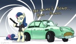 car clothing cutie_mark female fur hair multicolored_hair semi-anthro solo text vehicle gsphere_(artist) 007 aston_martin friendship_is_magic hasbro my_little_pony bonbon_(mlp) james_bond lyra_heartstrings_(mlp) equid equine horse mammal pony english_text