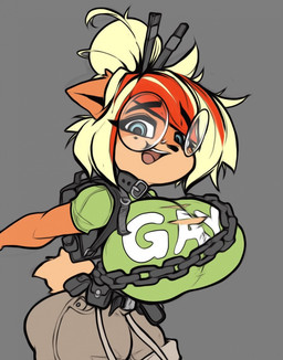 anthro backpack big_breasts blonde_hair blue_eyes bottomwear breasts chain choker clothed clothing eyewear female fur glasses green_clothing green_shirt green_topwear hair hair_bun huge_breasts jewelry looking_at_viewer multicolored_hair necklace open_mouth orange_body orange_fur round_glasses shirt simple_background smile solo stated_homosexuality stated_sexuality tail tail_tuft text topwear torn_clothing torn_shirt torn_topwear tuft two_tone_hair awr_hey alexis_(sleeps-darkly) bandicoot mammal marsupial 2022 digital_media_(artwork) english_text hi_res