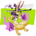 anthro big_hat biped breasts claws clothing female fur hat headgear headwear huge_hat magic magic_user multicolored_body multicolored_fur navel nipples occult_symbol pentagram purple_body purple_inner_ear purple_nipples simple_background solo speech_bubble symbol text toe_claws white_background white_body white_fur witch witch_hat yellow_body yellow_fur nsfuwu4 lagomorph leporid mammal rabbit 1:1 2022 digital_media_(artwork) english_text hi_res