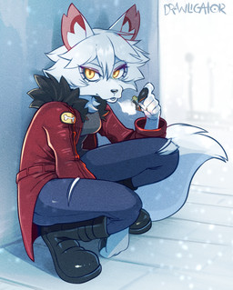 5_fingers anthro biped cigarette claws clothed clothing female fingers fur hair holding_cigarette holding_object inner_ear_fluff solo tail tuft white_body white_fur white_hair yellow_eyes drawligator lyra_(drawligator) canid canine canis mammal wolf hi_res