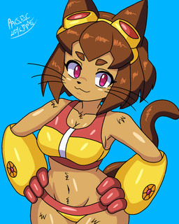 anthro big_breasts bikini bikini_bottom bikini_top breasts clothing female solo swimwear thick_thighs two-piece_swimsuit wide_hips zipper pacifickeystone gameoverse glitch_productions kit_bodega domestic_cat felid feline felis mammal hi_res