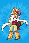 abstract_background anthro bag blue_background blue_eyes bottomwear clothed clothing coat eyewear feathers feet fully_clothed glasses happy holding_object holding_pokedex lab_coat logo male pokedex pokemorph red_body red_clothing red_feathers red_shirt red_topwear shirt shorts simple_background smile smirk solo standing tail tail_feathers talons toes topwear white_clothing white_topwear yellow_body yellow_bottomwear yellow_clothing yellow_feathers yellow_shorts kymsnowman nintendo pokemon jude_maxwell blaziken generation_3_pokemon pokemon_(species) 2020 2:3 detailed digital_drawing_(artwork) digital_media_(artwork) portrait shaded