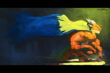 2_horns 5_fingers anthro biceps big_muscles black_background black_bars blue_cape blue_clothing cape cape_only claws clothing countershade_face countershade_scales countershade_torso countershading crouching fingers frowning_at_viewer furrowed_brow head_horn horn looking_at_viewer male mostly_nude mouth_closed multicolored_body multicolored_scales muscular muscular_anthro muscular_male orange_body orange_scales pupils scales side_view simple_background slit_pupils solo tail text toe_claws two_tone_body two_tone_scales vein veiny_muscles white_body white_countershading white_scales yellow_background yellow_eyes goofyahdragons lizard reptile scalie 2025 artist_name full-length_portrait hi_res letterbox portrait