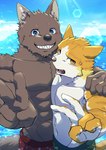 anthro beach clothing duo gesture hand_gesture hand_over_shoulder male male/male picture_taking swimming_trunks swimwear v_sign hi_na_ga akagi_daichi_(shared_house) akashi_zento_(shared_house) canid canine canis domestic_cat domestic_dog felid feline felis mammal absurd_res hi_res