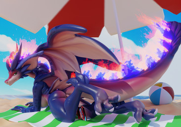 anthro ball beach beach_ball big_breasts blue_body blue_scales breasts butt feet female fingers fire flaming_hair green_eyes horn inflatable looking_at_viewer looking_back looking_back_at_viewer looking_pleasured mouth_closed paws pseudo_hair red_body scales smile solo tail wings seary21 league_of_legends mythology riot_games tencent smolder's_mom dragon mythological_creature mythological_scalie scalie 3d_(artwork) absurd_res digital_media_(artwork) hi_res huge_filesize