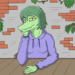 anthro breasts brick brick_wall clothed clothed_anthro clothed_female clothing female fingers freckled_face freckles front_view green_body green_hair grey_eyes hair happy hoodie humanoid_hands leaf looking_at_viewer medium_breasts medium_hair narrowed_eyes purple_clothing purple_hoodie purple_topwear sitting smile solo topwear wall_(structure) yellow_sclera lorikani cavemanon_studios i_wani_hug_that_gator olivia_halford baryonyx dinosaur prehistoric_species reptile saurischian scalie spinosaurid theropod 1:1 absurd_res colored hi_res shaded