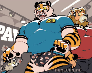 anthro anthro_on_anthro assisted_exposure balls barazoku beard biceps big_balls big_bulge big_muscles big_penis black_eyes black_nose black_stripes bottomwear bottomwear_down briefs bulge circumcised clipboard clock clothed clothing clothing_store detailed_background earpiece employee erection erection_under_clothing exhibitionism eyebrows facial_hair footwear fur genitals glans grey_body grey_fur group hair holding_object huge_muscles inside kemono looking_at_another low-angle_view male male/male mane musclegut muscular muscular_anthro muscular_male nails name_tag open_mouth open_smile orange_body orange_fur pants pants_down pantsing partially_clothed pattern_clothing pattern_underwear pecs penis pink_nose red_glans shirt shoes shorts smile standing store striped_body striped_fur stripes surprised teeth thick_arms thick_thighs tongue topwear trio tuft underwear underwear_down unprofessional_behavior watch whiskers white_balls white_penis yellow_body yellow_fur yellow_sclera namecanine terry_(gh0stfood) toby_(gh0stfood) unnamed_character canid canine canis domestic_dog felid lion mammal pantherine tiger 2d_animation 5:4 animated digital_media_(artwork) pixel_(artwork) pixel_animation