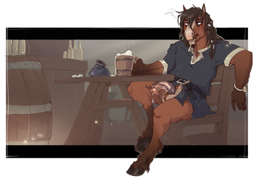 alcohol animal_genitalia animal_penis anthro balls beer beverage blush bodily_fluids bottomless braided_hair brown_body brown_fur brown_hair clothed clothing d6 detailed_background dice equine_genitalia equine_penis erection fur furniture genital_fluids genitals hair holding_beverage holding_object hooves inside male open_mouth penis precum solo table tavern topwear mlice equid equine horse mammal 2020 hi_res