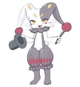 clothing fluffy fluffy_tail hat headgear headwear holding_clothing holding_hat holding_headgear holding_headwear holding_object jester magician neck_tuft scut_tail short_tail solo standing tail tuft yellow_eyes netsumi39880 palworld pocketpair dupin_(pal) lagomorph leporid mammal pal_(species) rabbit hi_res