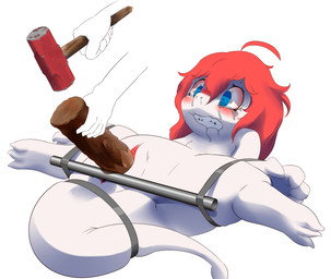 anthro bdsm blush bodily_fluids bondage bound clitoris crying disembodied_hand dowel drooling duo female genitals hair hammer imminent_death log pain red_hair restraints saliva scales sledgehammer solo_focus spread_legs spreader_bar spreading tears teeth tools torture vulva white_body white_scales wood young young_anthro namtih scalie absurd_res hi_res