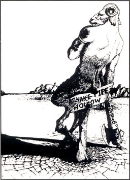 anthro armband armlet axe battle_axe biped butt desert fur hooves horizon horn jewelry looking_back male melee_weapon outside pose short_tail sign sitting solo tail weapon unknown_artist glorantha bovid broo caprine goat mammal 1995 black_and_white low_res monochrome pen_(artwork) traditional_media_(artwork)