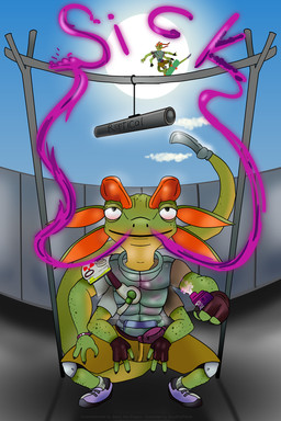 anthro clothing crouching day drugs fanny_pack fingerless_gloves footwear gloves green_body green_scales grind_(skateboarding) handwear knife knife_tail male marijuana outside puffer_vest red_eyes scales science_fiction shoes skateboard skateboarding sneakers solo substance_intoxication tail text vape vaping vehicle alexartypants high_on_life reptical_(high_on_life) crested_gecko gecko lizard lizardonian reptile scalie 2:3 artist_name english_text hi_res