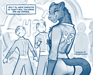 anthro biped blush bottomwear breasts butt claws clenched_teeth clothed clothed_anthro clothed_female clothed_human clothed_male clothing female finger_claws fingers front_view fully_clothed fully_clothed_anthro fully_clothed_female fully_clothed_human fully_clothed_male fur group humor jumpsuit licking licking_lips licking_own_lips looking_at_viewer looking_back looking_back_at_viewer male open_mouth open_smile rear_view scared smile smirk standing tail teeth text tongue tongue_out topwear wide_eyed conditional_dnp tom_fischbach fallout microsoft penny_arcade felid human mammal pantherine 2025 blue_and_white digital_drawing_(artwork) digital_media_(artwork) english_text hi_res monochrome sketch