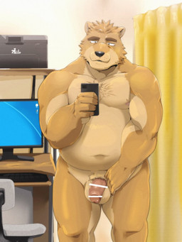 anthro balls belly brown_body brown_fur chair computer detailed_background electronics flaccid fur furniture genitals humanoid_genitalia humanoid_hands humanoid_penis kemono male moobs navel nipples overweight overweight_anthro overweight_male penis phone solo debirobu canid canine mammal 2020 censored