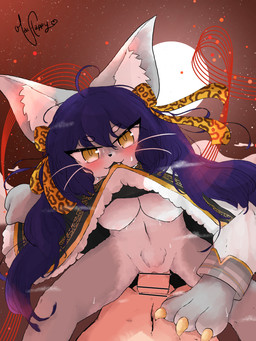 anthro belly big_breasts big_ears blush bodily_fluids breasts claws clothed clothed_sex clothing clothing_lift cloud cowgirl_position dominant dominant_female duo fangs female from_front_position maid_uniform male male/female moon on_bottom on_top outside_sex red_sky ribbons sex sky sweat sweaty_belly sweaty_breasts teeth uniform yellow_eyes maxhappy felid feline mammal 3:4 absurd_res hi_res