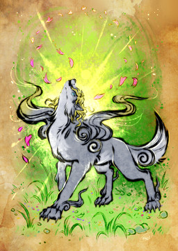 claws feral grass leaf looking_up male petals plant quadruped solo tail thehavanawolf capcom okami_(capcom) canid canine canis mammal wolf absurd_res hi_res