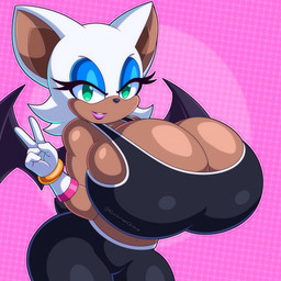 anthro big_breasts breasts cleavage clothed clothing eyeshadow female gesture green_eyes hair hand_gesture huge_breasts lipstick looking_at_viewer makeup side_boob smile solo v_sign white_hair wings rockmangrave sega sonic_the_hedgehog_(series) rouge_the_bat bat mammal 1:1 absurd_res hi_res