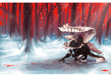 alternative_fashion armor blood bodily_fluids bracers clothing dagger day detailed_background digitigrade feathered_wings feathers feral forest fur gauntlets gear gloves greaves grey_body grey_fur hair handwear holding_object holding_weapon mane markings melee_weapon outside plant red_sky sky snow snowing solo spots spotted_body spotted_fur standing steampunk tree weapon whiskers white_body white_feathers white_fur white_hair wings winter amenlona avian felid hybrid mammal digital_media_(artwork) hi_res letterbox