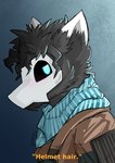 anthro blue_eyes clothing fur grey_body grey_fur hair male mask messy_hair scarf solo text zeptophidia noble_(nobledreameater) canid canine canis mammal skulldog_(species) wolf english_text andromorph_(lore)