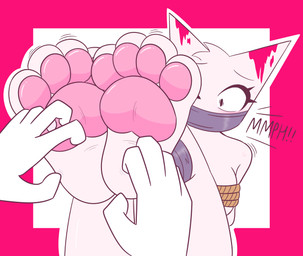 anthro bdsm blood blood_on_ear blush bodily_fluids bondage bound breasts eyelashes feet female foot_fetish foot_focus fur gag gagged motion_lines muffled muffled_speech pawpads paws pink_pawpads pointy_ears pov_hands prick_ears restraints rope rope_bondage scared solo tape tape_gag taped_legs taped_mouth tickling tickling_feet white_body white_fur lightbrewrealm femtanyl token_(femtanyl) domestic_cat felid feline felis mammal absurd_res hi_res