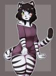 anthro biped black_body black_fur black_hair black_nose blue_eyes blush clothed clothing fangs female fur green_eyes hair heterochromia long_hair looking_at_viewer open_mouth shirt solo standing stripes teeth thick_thighs tongue topwear white_body white_fur wide_hips redrabbu felid mammal pantherine tiger 2016