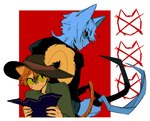 alternate_species bangs bodily_fluids cloak clothing dual_wielding duo green_eyes grey_hair grin hair hat headgear headwear holding_map holding_object holding_weapon long_hair looking_at_another male map nervous nervous_sweat orange_hair poncho pupils red_background red_eyes scared short short_hair sickle simple_background size_difference slit_pupils smile standing standing_behind sweat sweatdrop symbol tail weapon white_background clichewwan dreamworks puss_in_boots_(franchise) death_(puss_in_boots) puss_in_boots_(dreamworks) animal_humanoid canid canid_humanoid canine canine_humanoid cat_humanoid felid felid_humanoid feline feline_humanoid humanoid mammal mammal_humanoid wolf_humanoid hi_res