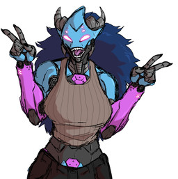 cybernetics female gesture glowing glowing_eyes hand_gesture machine sharp_teeth solo teeth tongue v_sign zimakum cyborg humanoid r-a_(robotic_armorder) robot robot_humanoid colored_sketch hi_res sketch