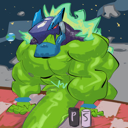 anthro barazoku big_muscles big_penis furniture genitals huge_muscles huge_penis hyper hyper_genitalia hyper_muscles hyper_penis looking_at_viewer male moon muscular penis picnic_table smile smiling_at_viewer solo space table wetyuip capcom mega_man_(series) omega-xis alien em_being absurd_res hi_res