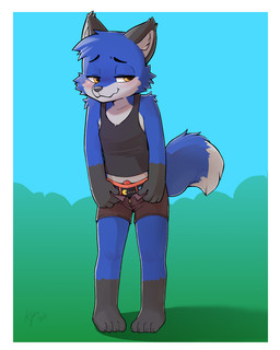 anthro barefoot barely_visible_genitalia barely_visible_penis black_body black_clothing black_ears black_fur black_sleeveless_shirt black_topwear blue_body blue_fur blue_tail border cheek_tuft clothed clothing facial_tuft feet fur fur_tuft genitals male multicolored_clothing multicolored_underwear partially_clothed penis penis_poking_out penis_tip solo tail topwear tuft underwear white_border young young_anthro young_male ajin bandai_namco pac-man_(series) ukyoshadowfox canid canine fox mammal 4:5 hi_res