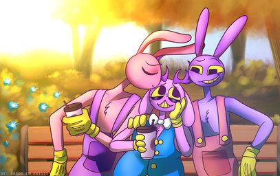 4_fingers anthro antlers bench clothed clothing coffee_cup container cup fingers flustered fur horn kiss_on_forehead kissing larger_male male park park_bench pink_body pink_fur plant purple_body purple_fur rabbit_ears shrub size_difference smaller_male smug_grin tree bardo_en_krisis glitch_productions the_amazing_digital_circus evil_jax_(tadc) fan_character jax_(tadc) lagomorph leporid mammal rabbit hi_res