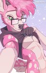 anthro bedroom_eyes clothed clothing clothing_lift eyewear femboy glasses heart_eyes heart_symbol male markings narrowed_eyes pink_body seductive selfie sensual shirt shirt_lift shy sparkles spots spotted_markings topwear ghastlyghatz dain_(dainthedeer) deer mammal absurd_res hi_res