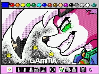 anthro clothing collar fangs grin grinning_at_viewer hair long_hair looking_at_viewer male multicolored_body simple_background smile smiling_at_viewer solo star teeth text rodricoro mario_paint nintendo pokemon canid canine canis generation_7_pokemon lycanroc mammal midnight_lycanroc pokemon_(species) wolf digital_media_(artwork) dithering headshot_portrait mario_paint_(artwork) portrait