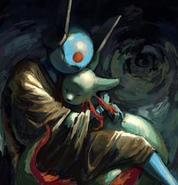 ambiguous_gender blue_body clothing duo external_gills eyes_closed feral gills hug machine robe tail anelfchay rain_world videocult looks_to_the_moon_(rain_world) rivulet_(rain_world) humanoid iterator_(rain_world) robot slugcat hi_res