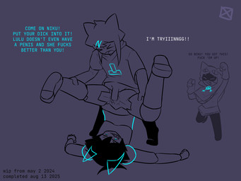 accessory anthro bottomless bottomless_male cheering clothed clothing dialogue duo female glowing glowing_abdomen glowing_accessory glowing_eyes group hair_accessory hairclip hoodie insult insulting_partner lulu_nepetas machine male male/female penetration profanity segmented_body sex sharp_teeth smug standing standing_sex struggling teeth text topwear vaginal vaginal_penetration e-rar403 niku_kyanite robonya animal_humanoid canid canid_humanoid canine canine_humanoid canis cat_robot humanoid mammal mammal_humanoid robot robot_humanoid wolf wolf_humanoid 4:3 english_text
