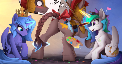 accessory armor bow_(feature) bow_accessory bow_ribbon brush butt clothing confetti crown cutie_mark ellipsis embarrassed female feral furgonomics group headgear headwear horn interrobang_ellipsis magic male melee_weapon paint polearm ribbons royalty spear tail tail_accessory tail_bow tail_ribbon text text_on_clothing text_on_headwear weapon wings young yakovlev-vad friendship_is_magic hasbro my_little_pony mythology princess_celestia_(mlp) princess_luna_(mlp) royal_guard_(mlp) equid equine horse mammal mythological_creature mythological_equine pony winged_unicorn hi_res
