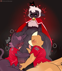 anthro big_penis black_body bodily_fluids bottomless cape cape_only clothed clothing collaborative_penis_lick eyes_closed fur genitals group heart_symbol horn huge_penis humanoid_genitalia humanoid_penis hyper hyper_genitalia hyper_penis licking male male/male mostly_nude nude oral outercourse patreon_logo penile penis penis_lick red_horn sex simple_background smile sound_effects spiral spiral_eyes sweat text tongue tongue_out trio white_body white_fur wool_(fur) jinu cult_of_the_lamb massive_monster_(studio) patreon follower_(cult_of_the_lamb) lamb_(cult_of_the_lamb) red_crown_(cult_of_the_lamb) bovid canid canine canis caprine domestic_cat domestic_dog felid feline felis humanoid mammal sheep 2022 digital_media_(artwork) english_text hi_res url