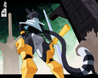 anthro armwear black_armwear black_clothing black_elbow_gloves black_gloves black_handwear clothed clothed_anthro clothed_female clothing cosplay dream_breaker_(pseudoregalia) elbow_gloves female fingerless_gloves fur gloves grey_body grey_fur handwear leg_armor looking_at_viewer looking_back looking_back_at_viewer pose red_eyes solo tail thick_thighs kingsus pseudoregalia bacardi_(muart242) sybil_(pseudoregalia) domestic_cat felid feline felis mammal 2025 hi_res