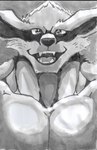 anthro fangs male muscular muscular_anthro muscular_male open_mouth pecs simple_background smile smiling_at_viewer solo teeth tongue pinumontbalou naruto kurama canid canine canis demon fox mammal absurd_res hi_res monochrome traditional_media_(artwork)