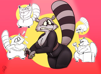 4_fingers anthro arm_support bar_emanata belly belt big_breasts black_body black_clothing black_fur black_nose black_skinsuit breasts brown_belt cleavage clothed clothing emanata eyebrows eyelashes female femme_fatale feral fingers frown fully_clothed fur gem geometric_background grey_body grey_fur holding_gem holding_object leaning leaning_forward leaning_on_elbow looking_at_viewer multicolored_body multicolored_fur nervous open_frown open_mouth open_smile raised_arms raised_tail simple_background skinsuit slightly_chubby slightly_chubby_anthro slightly_chubby_female smile smug snout solo standing tail teeth thick_thighs tight_clothing toony wide_hips zipper dydy_silva cc-by-nc creative_commons uva_the_raccoon mammal procyonid raccoon digital_media_(artwork) hi_res multiple_images shaded signature soft_shading
