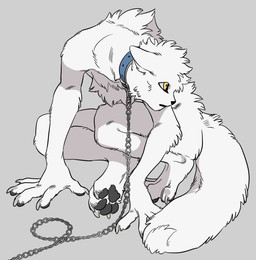 anthro bound chain chain_leash chained claws collar digitigrade finger_claws fluffy fluffy_chest fluffy_tail fur grey_background humanoid_face leash leashed_collar male male_anthro pawpads paws simple_background sitting solo tail toe_claws white_body white_fur yellow_eyes submori_521 cren canid canine canis mammal wolf hi_res