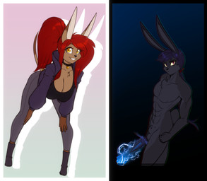 abs animal_genitalia anthro balls bent_over big_breasts blue_hair boots breasts chest_tuft cleavage clothed clothing collar collarbone eyebrows eyelashes female footwear fur genitals hair male melee_weapon pink_eyes ponytail red_hair sheath shoes solo sword tuft weapon yellow_eyes scorpdk canid canine canis jackal lagomorph leporid mammal rabbit 2025 hi_res
