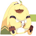 anthro container cup fluffy fur hair hair_over_eyes long_ears male mug pawpads ponytail_ears sitting solo yellow_body yellow_fur cockycroconaw bandai_namco digimon angoramon digimon_(species) lagomorph leporid mammal rabbit