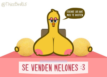 anthro armless beak big_breasts black_eyes breasts chair female floating_hands food fruit furniture huge_breasts melon nipples nude pink_nipples plant simple_background solo table text yellow_body thiccbird05 avian bird chicken galliform phasianid spanish_text translated