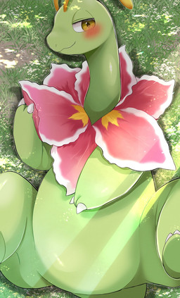 ambiguous_feral ambiguous_gender antennae_(anatomy) bird's-eye_view blush claws closed_smile day feral flower_(anatomy) grass green_body high-angle_view light looking_aside lying lying_on_grass monotone_body mouth_closed on_back on_grass on_ground plant quadruped smile solo sunlight tail toe_claws yellow_eyes prrrrrrmine nintendo pokemon generation_2_pokemon meganium pokemon_(species) 2023 digital_drawing_(artwork) digital_media_(artwork) hi_res shaded soft_shading