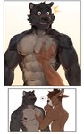 5_fingers abs anthro anthro_on_anthro antlers big_muscles big_pecs blush duo eyebrows eyes_closed fingers fur hair hand_on_chest hand_on_pecs heart_symbol horn male male/male muscular muscular_anthro muscular_male narrowed_eyes navel nipples nude pec_grab pecs simple_background smile speech_bubble tuft white_background bakemonoy dawn_chorus lucky_skebe devon_(dawn_chorus) rune_(dawn_chorus) deer felid mammal pantherine 2022 absurd_res comic hi_res meme multiple_scenes