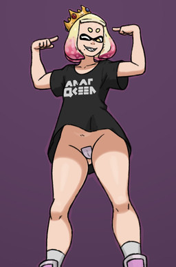 asian_clothing black_clothing black_shirt black_topwear blonde_hair bottomless butt butt_from_the_front camel_toe clothed clothing crown east_asian_clothing facial_markings female footwear genital_outline gesture grey_clothing grey_footwear grey_socks hair hand_gesture head_markings headgear japanese_clothing looking_at_viewer maebari markings multicolored_hair one_eye_closed paper_seal pink_hair pointing pointing_at_self pseudo_hair purple_background pussy_tape shirt shirt_only shoes simple_background socks solo tan_body tan_skin tape text text_on_clothing text_on_topwear thick_thighs topwear topwear_only two_tone_hair vulva_outline wide_hips wink winking_at_viewer yellow_eyes rottedpaint nintendo splatoon pearl_(splatoon) animal_humanoid aquatic aquatic_humanoid cephalopod cephalopod_humanoid humanoid inkling mollusk mollusk_humanoid