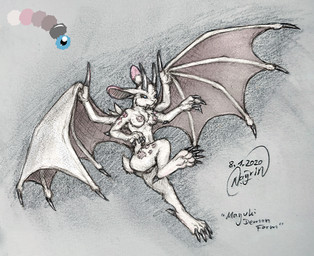 anthro barely_visible_genitalia barely_visible_vulva black_horn blue_eyes breasts cheek_tuft claws color_swatch dipstick_ears ear_markings facial_tuft fangs female fur genitals horn long_ears markings membrane_(anatomy) membranous_wings multicolored_ears nipples pink_markings sabertooth_(anatomy) scut_tail short_tail solo spread_wings tail teeth text tuft vulva white_body white_fur wings nayrin demon hybrid lagomorph leporid mammal rabbit 2020 artist_name dated signature traditional_media_(artwork)