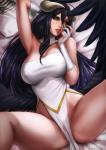 albedo_(overlord) big_breasts black_body black_feathers black_hair breasts cleavage clothed clothing dandon_fuga demon demon_humanoid dress feathers female hair halo_horns horn horned_humanoid humanoid long_hair lying mammal not_furry on_back overlord_(series) solo spread_legs spreading winged_humanoid wings yellow_eyes